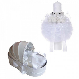 Trusou botez in landou si lumanare cu ursuleti, decor alb Denikos® 100