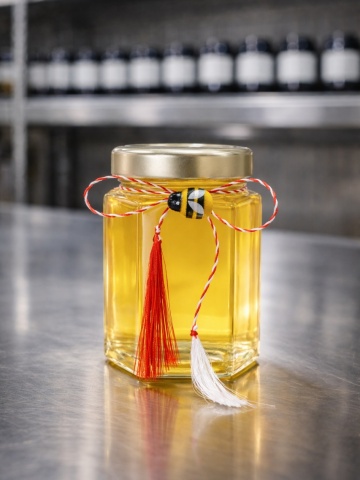 Mărțișor – Miere de salcâm 80g cu șnur tradițional și albinuță decorativă