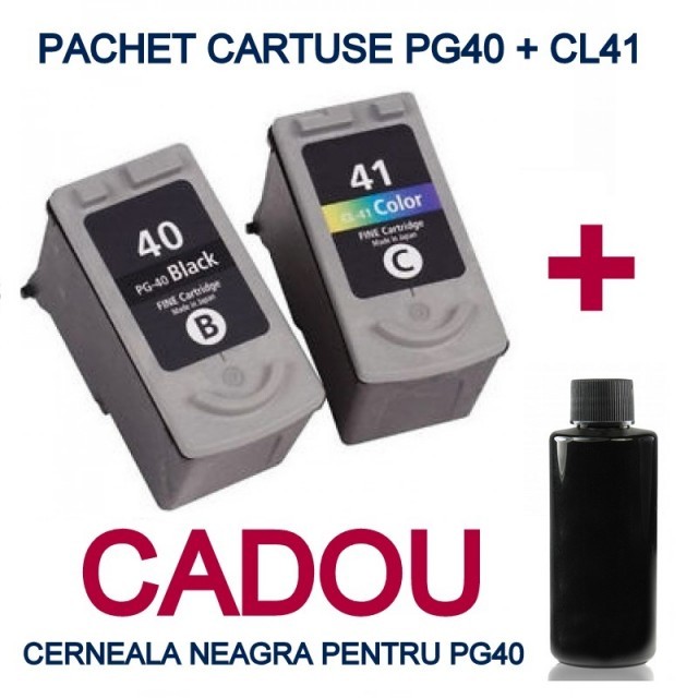 Pachet Cartuse pentru PG40 + CANON CL41 + CADOU 100 ML cerneala BK ( PG-40 NEGRU CL-41 COLOR compatibile