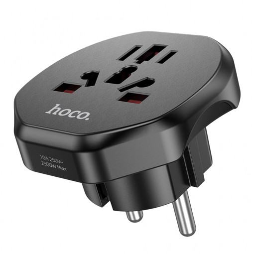 Adaptor Priza Universal PL/EU Plug / UK, 10A, 250V, 2500W - Hoco (AC6) - Black