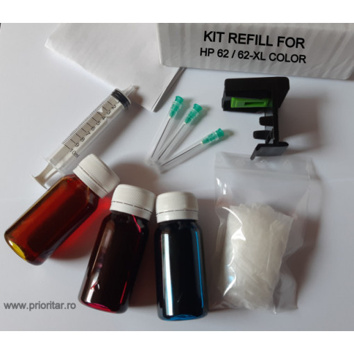Kit refill reincarcare si desfundare cartuse HP62 HP 62XL C2P06AE C2P07AE color