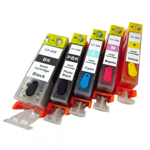 Pachet cartuse reincarcabile PLINE CU CERNEALA Canon PGI525 CLI526 Black Magenta Cyan Yellow autoresetabile compatibile ( PGI 525 CLI 526 Pachet 5 cartuse )