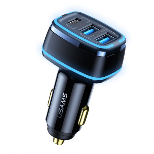 Incarcator Auto Type-C, 2xUSB, 80W, 3A - USAMS C24 Triple Port (US-CC126) - Black