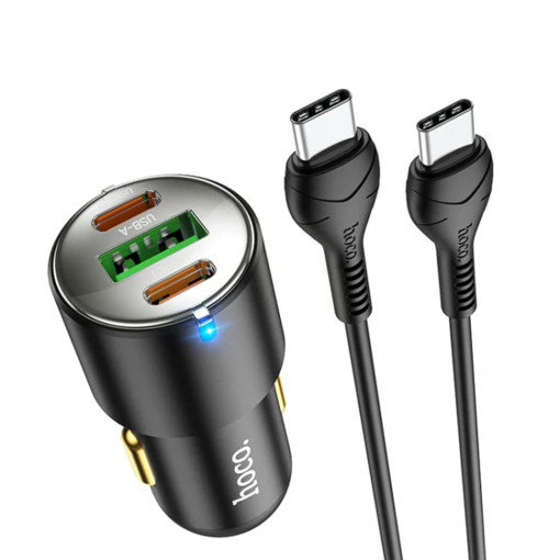 Incarcator Auto USB-A, 2xType-C, QC3.0, PD45W, 5A + Cablu Type-C 1m - Hoco (NZ6) - Black