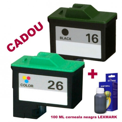 Pachet Cartus negru Lexmark-16 + Cartus color Lexmark-26 ( Lexmark16 10N0016 Lexmark 16 + Lexmark26 10N0026 Lexmark 26 ) compatibile