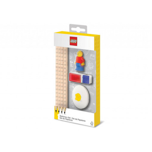 Set LEGO cu o minifigurina, 4 creioane, 1 topper, 1 ascutitoare,