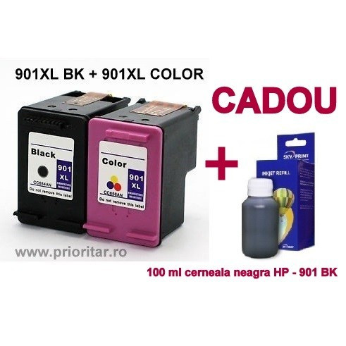 PACHET Cartus negru HP 901XL + Cartus color HP 901XL tricolor HP901-XL compatibile + 100 ML CADOU cerneala neagra