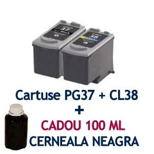 Pachet Cartus CANON PG37 + Cartus CANON CL38 + CADOU 100 ML cerneala BK ( PG-37 CL-38 compatibile ) iP1800 iP1900 iP2600 MP140 MP190 MP210 MP220 MP470 MX300 MX310