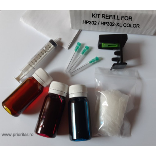 Kit refill reincarcare si desfundare cartuse HP302 F6U67AE HP-302XL color