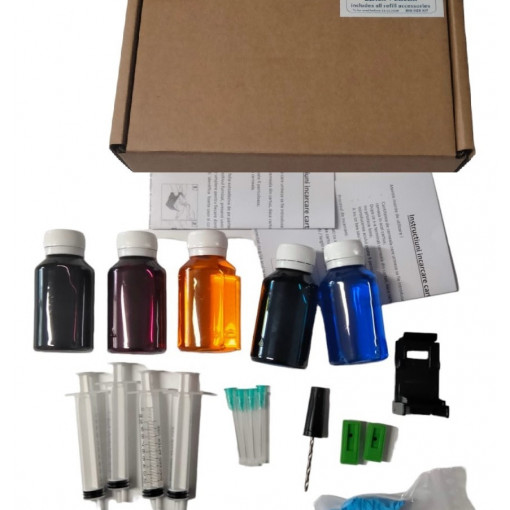 Set complet pentru reumplere cartuse HP 304, 304XL, negru si color, kit cu cerneala refill, lichid curatare , burghiu