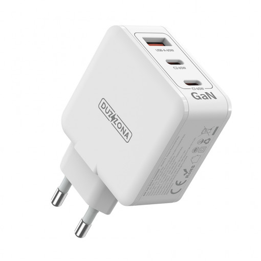 Duzzona - Wall Charger 3in1 (T9) - USB, 2x USB-C, GaN Fast Charging 65W - White