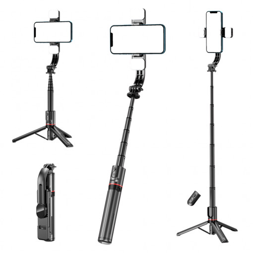 Selfie Stick Stabil Wireless cu Lumina LED Detasabila, 108cm - Techsuit Tripod Mount LED (L12D) - Black