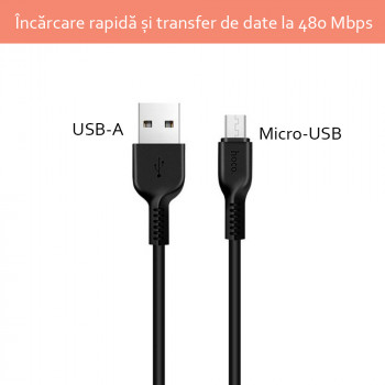 Cablu de Date USB-A la Micro-USB 10W, 2.4A, 1m - Hoco Flash (X20) - Black - Img 3