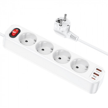 Prelungitor 2xUSB-A 18W, 4xShuko, Type-C PD20W, 3A, 1.8m - Hoco Aura (NS1) - White - Img 1