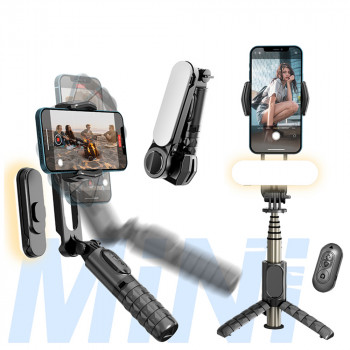 Gimbal Mini Selfie Stick cu LED si Trepied, 70cm - Techsuit (Q09) - Black - Img 2