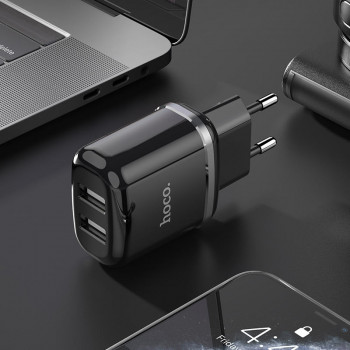Incarcator Priza 2xUSB-A, 12W, 2.4A + Cablu Type-C 1m - Hoco Aspiring (N4) - Black - Img 4