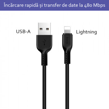 Cablu de Date USB-A la Lightning 10W, 2A, 2m - Hoco Flash (X20) - Black - Img 2