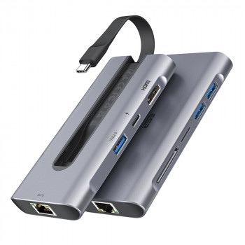 ESR - Hub 8in1 - RJ45, 3 x USB, 2 x Type-C, HDMI, SD Card, Micro SD Card - Grey