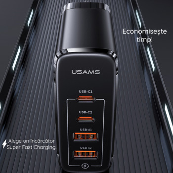 Incarcator Priza 2xUSB-C GaN 100W, 2xUSB-A QC 3.0 + Cablu Type-C 1.2m - USAMS (UCTZ01) - Black - Img 2