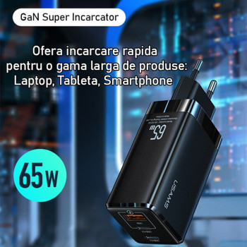 Incarcator priza 2x Type-C, USB 65W + Cablu Type-C PD100W - USAMS Kit (MTXLOGTC01) - Black - Img 4