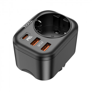 Incarcator Priza, Adaptor Shuko 2xUSB-A, Type-C, QC 3.0, 3A, PD 20W - Hoco (NS3) - Black - Img 2