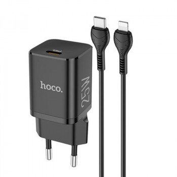 Incarcator USB-C, PD 25W, QC 3.0, 3A + Cablu Type-C la Lightning, 1m - Hoco Rigorous (N19) - Black - Img 1