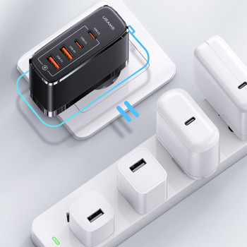 Incarcator Priza 2xUSB-C GaN 100W, 2xUSB-A QC 3.0 + Cablu Type-C 1.2m - USAMS (UCTZ01) - Black - Img 3