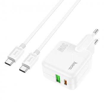 Incarcator Priza USB, Type-C 30W + Cablu Type-C - Hoco Lucky (C111A) - White - Img 2
