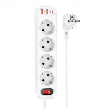 Prelungitor 2xUSB-A 18W, 4xShuko, Type-C PD20W, 3A, 1.8m - Hoco Aura (NS1) - White - Img 2