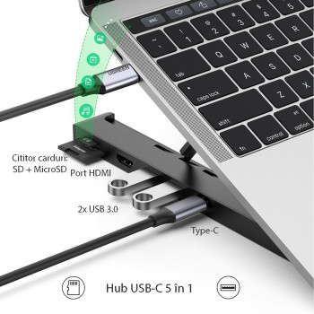 Suport Laptop + Hub Type-C la 2xUSB, HDMI, card SD, Card TF - Ugreen (80551) - Black - Img 2