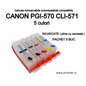 Cartuse reincarcabile pt CANON PGI570 CLI571 autoresetabile PGI-570 CLI-571 PLINE CU CERNEALA refilabile set 5 buc - Img 1