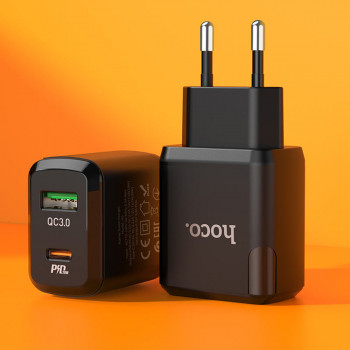 Incarcator Priza USB-A, Type-C, Q.C 3.0, PD 20W, 3A - Hoco Favor (N5) - Black - Img 3