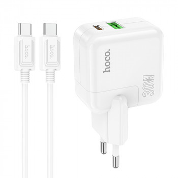 Incarcator Priza USB, Type-C 30W + Cablu Type-C - Hoco Lucky (C111A) - White - Img 1