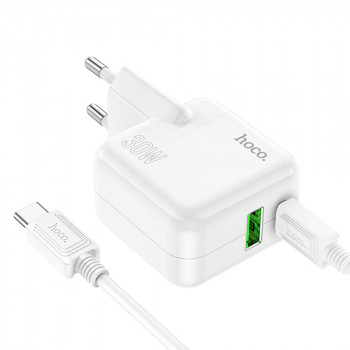 Incarcator Priza USB, Type-C 30W + Cablu Type-C - Hoco Lucky (C111A) - White - Img 3