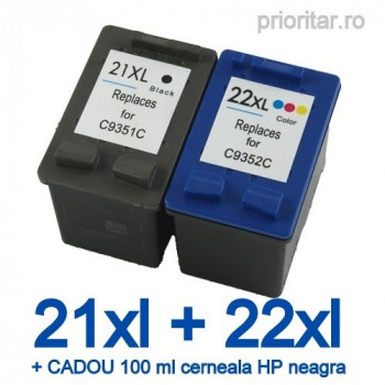 Pachet Cartus HP 21XL HP21 XL + HP 22XL HP22 XL compatibile + CADOU 100 ML cerneala neagra HP Deskjet 3915 D1360 D1415 D1460 F2180 F370 F380 F4190 Officejet 4310 4315 PSC 1400 1410 1415 1417