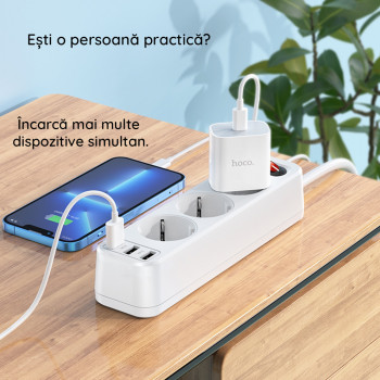 Prelungitor 3xPriza Shuko, 3xUSB 2.4A, 1.8m - Hoco (NS2) - White - Img 4