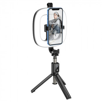 Selfie Stick cu Inel Luminos - Hoco Showfull (LV03 Plus) - Black - Img 1