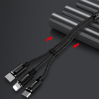 Cablu de Date 3in1 USB la Lightning, Type-C, Micro USB 60W, 3A, 1.2m - Yesido (CA-60) - Black - Img 2