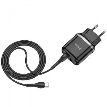 Incarcator Priza 2xUSB-A, 12W, 2.4A + Cablu Type-C 1m - Hoco Aspiring (N4) - Black - Img 2