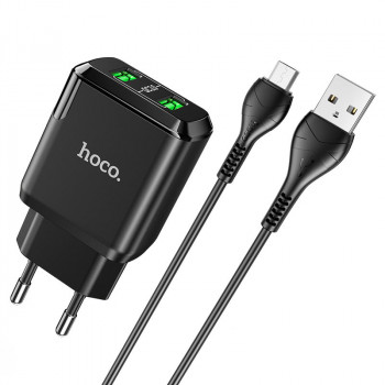 Incarcator Priza 2xUSB-A, Q.C 3.0, 18W, 3.0A + Cablu Micro-USB 1m - Hoco (N6 Charmer) - Black - Img 1