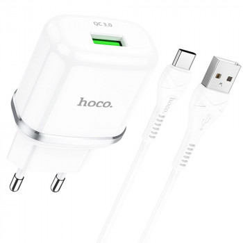 Incarcator priza USB-A, 18W, 3A + Cablu Type-C 1m - Hoco Special (N3) - White - Img 1