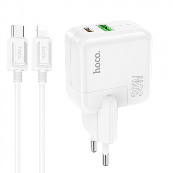 Incarcator Priza USB, Type-C 30W + Cablu Type-C la Lightning - Hoco Lucky (C111A) - White - Img 1