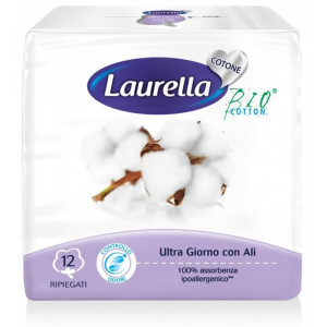 Absorbante de zi cu aripioare, bumbac organic, 3 picaturi, 12buc - Laurella BIO Cotton