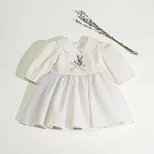 Rochiță botez crem LAVANDA, din materiale naturale, cu broderie manuală