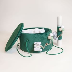 Set trusou si lumanare botez baieti, model cufar rotund VERDE - URSULET CU BALOANE