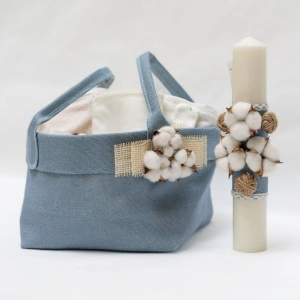 TRUSOU BLEU si LUMANARE, sacosa de iuta bleu - model FLOARE DE BUMBAC