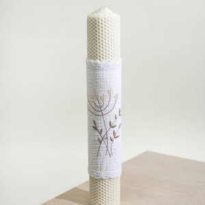 Lumânare botez din ceară naturală, cu broderie „Flori de câmp”