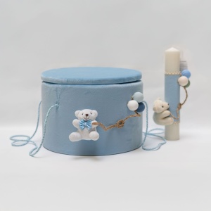 Trusou Botez si Lumanare, in cufar rotund BLEU - URSULET CU BALOANE