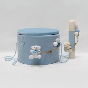 Trusou Botez si Lumanare, in cufar rotund BLEU - URSULET CU BALOANE