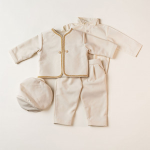 Costum 4 piese baieti, 0-1 ani, stofa ivoire, model IFRIM